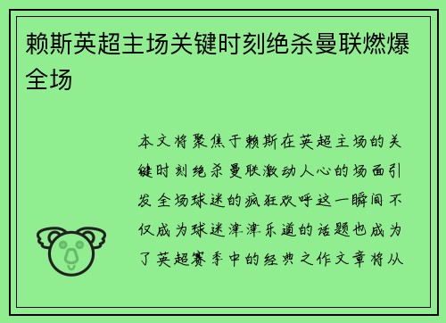 赖斯英超主场关键时刻绝杀曼联燃爆全场