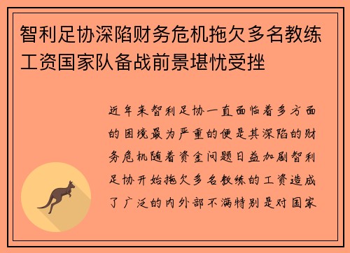 智利足协深陷财务危机拖欠多名教练工资国家队备战前景堪忧受挫