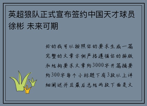 英超狼队正式宣布签约中国天才球员徐彬 未来可期
